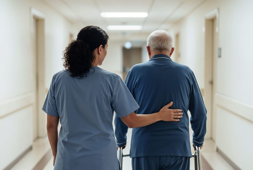 Acompanhamento hospitalar profissional com cuidadora auxiliando paciente idoso durante caminhada no corredor do hospital
