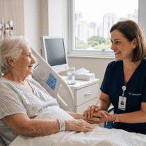 Uma profissional de acompanhante hospitalar da Pronto Care, vestindo uniforme azul-marinho com o logo da empresa, segura de forma carinhosa a mão de uma paciente idosa que sorri deitada em um leito de hospital.
