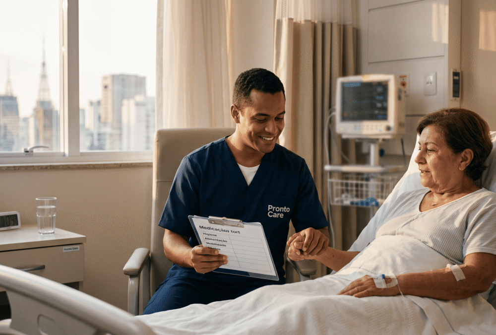 Cuidador hospitalar da Pronto Care sorri para idosa em cama de hospital em São Paulo, segurando prancheta de 'Medicação'. O ambiente transmite cuidado e apoio profissional.