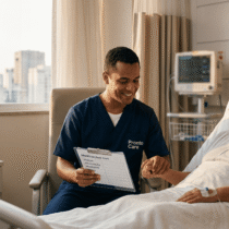 Cuidador hospitalar da Pronto Care sorri para idosa em cama de hospital em São Paulo, segurando prancheta de 'Medicação'. O ambiente transmite cuidado e apoio profissional.