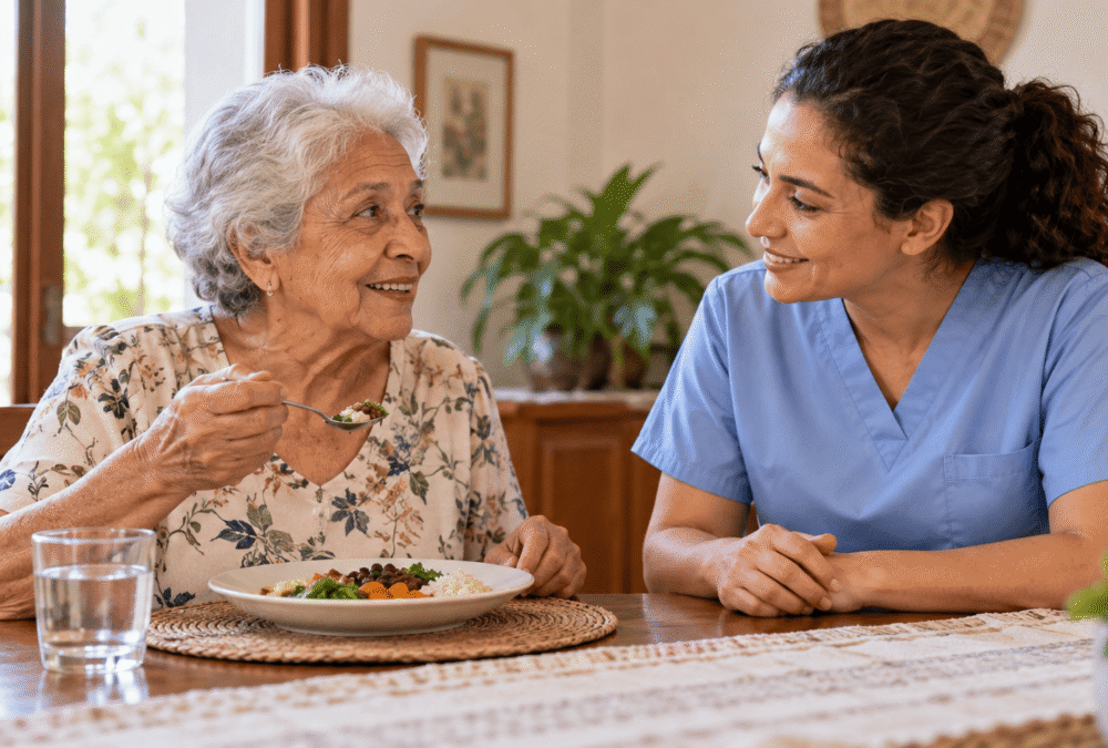 Mulher idosa se alimenta à mesa enquanto conversa com uma cuidadora profissional em casa.